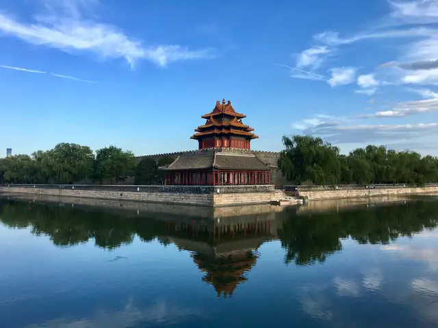 A corner tower of the Forbidden City and its reflection in the still water of the palace moat under a blue sky.