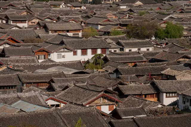 Grey tiled rooftops of Lijiang old town seen from above, packed closely together with white walls between them.